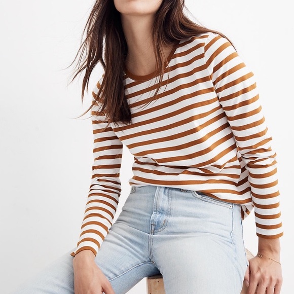 Madewell Tops - MADEWELL | White Brown Strip Classic Long Sleeve Tee
